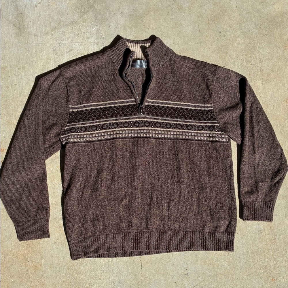 Oscar de la Renta Brown Patterned Quarter-Zip Sweater